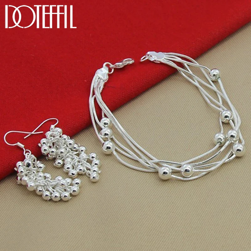 

DOTEFFIL 2pcs 925 Sterling Silver Five Snake Chain Smooth Bead Bracelet Earring Set For Fashion Women Wedding Engagement Jewelry