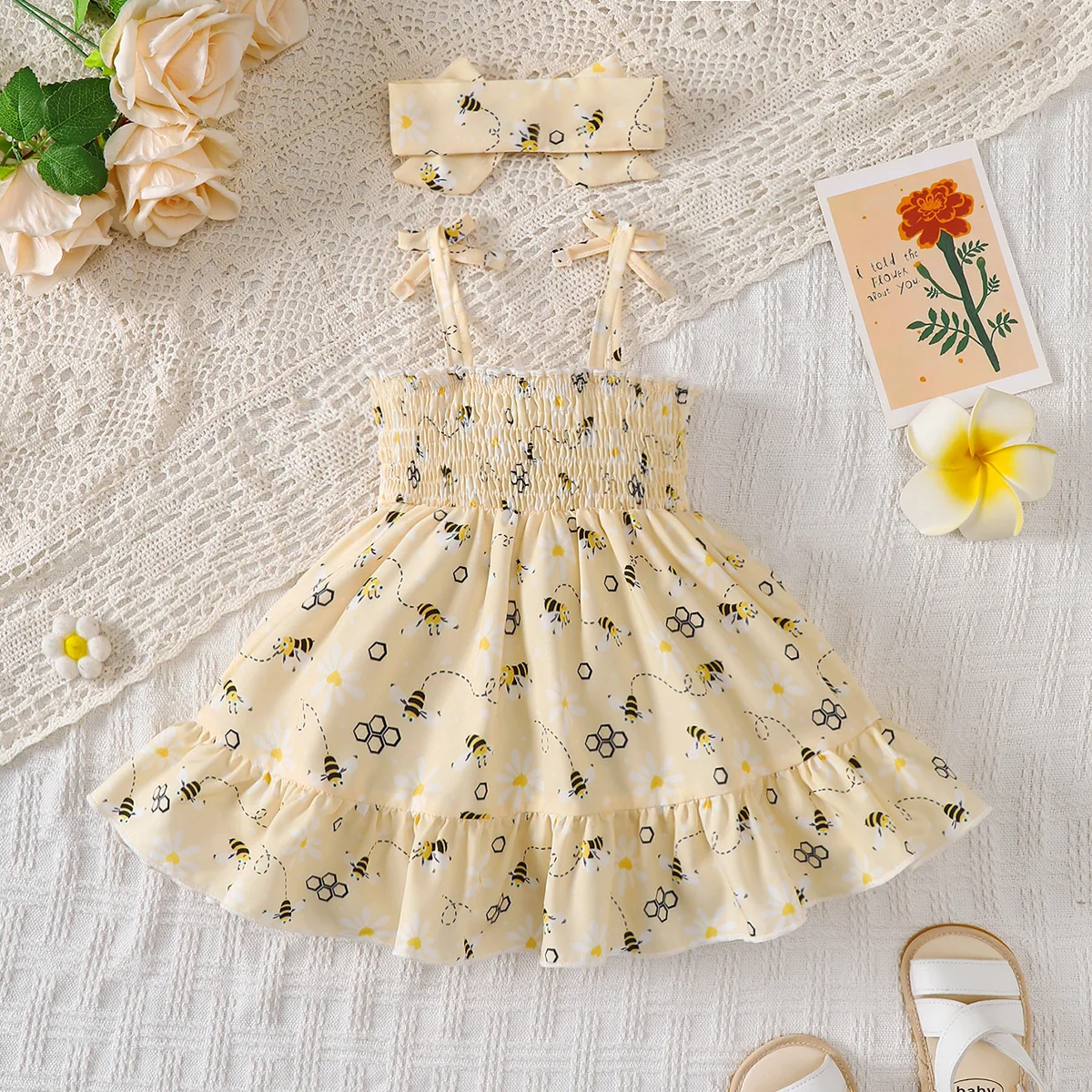 Baby Girl Summer Dress Cute Little Bee Ruffled Suspender Dress and Headband 2-Piece Set for 0-3 Year Old Baby Girl Casual Dress