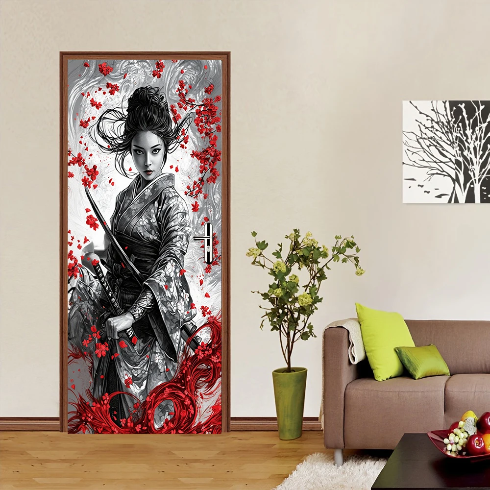 1pcs Japanese Ukiyo-e Samurai Sword Geisha Door Stickers and Wind Cherry Blossom Decoration Stickers, Living Room Bedroom Entran