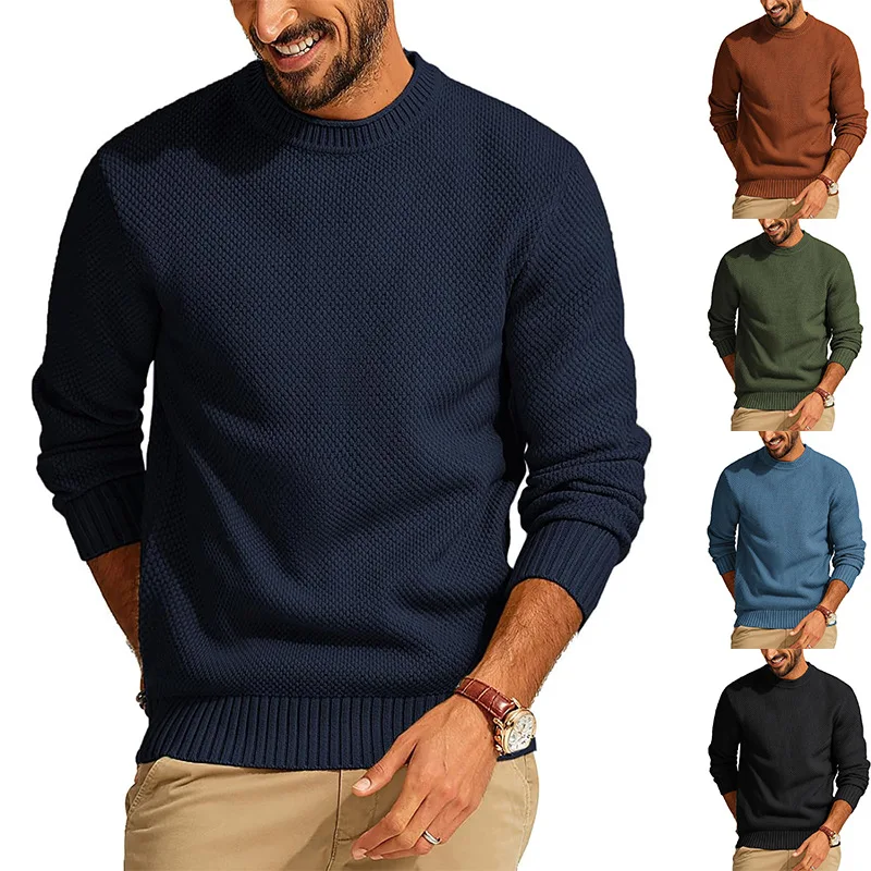 

Pure Color Round Neck Sweater Pullover Knitting Shirt Men Sweater Waffle Grids Casual Men's Clothing