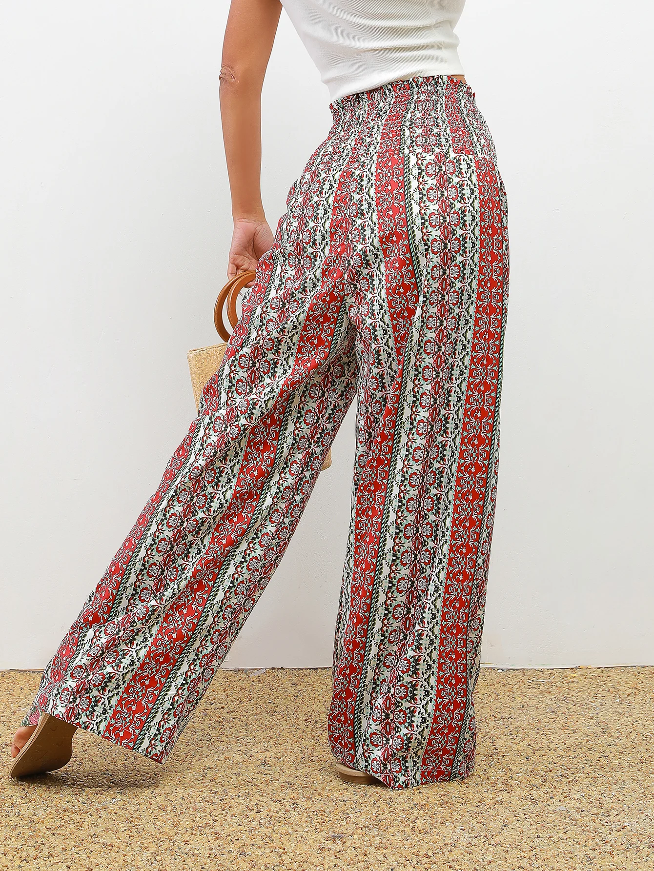 Full print wide leg pants bohemian paper bag waist closure vacation pantswomens clothing