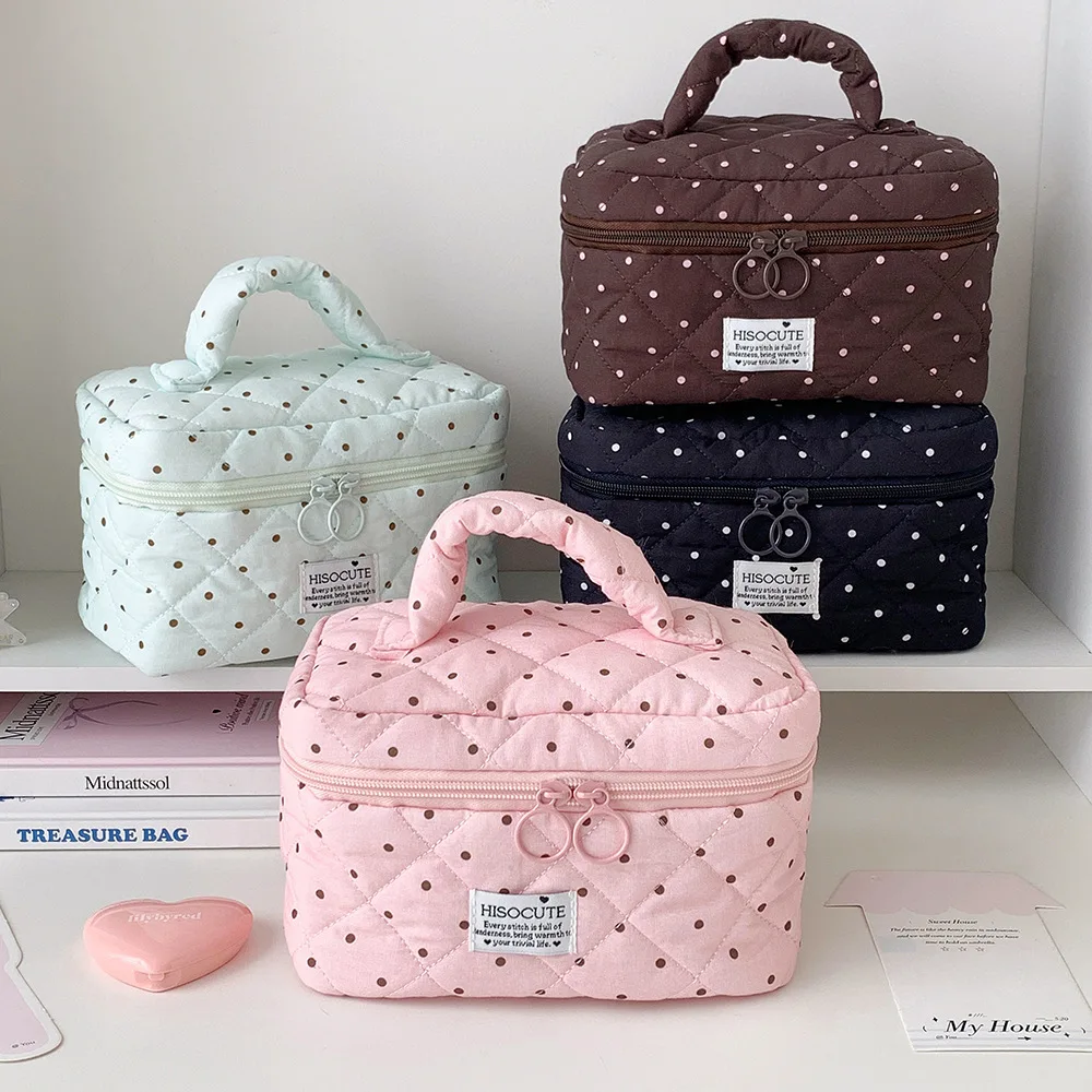 Korean Quilted Polka Dot Makeup Bag with Handle Large Capacity Travel Toiletry Organizer Cute Cosmetic Storage Pouch for Girls
