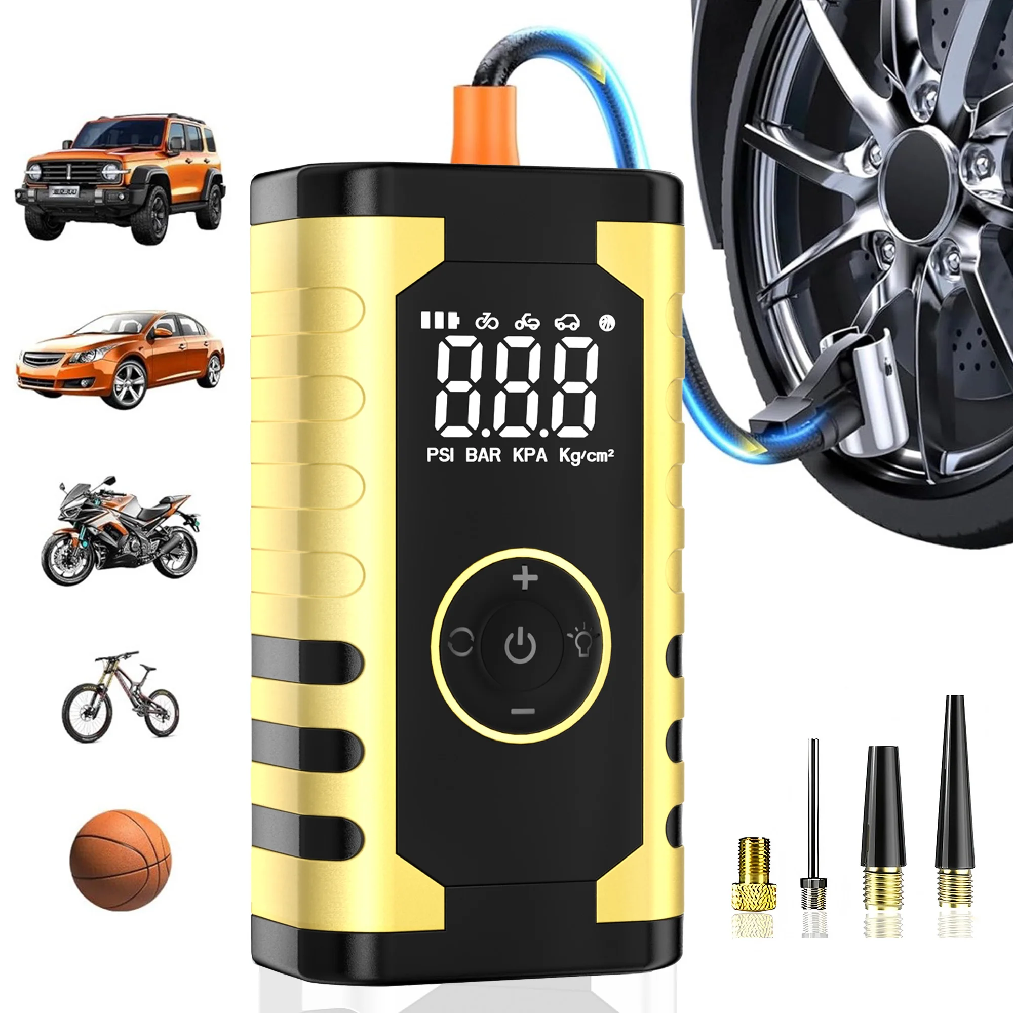 

Беспроводной насос для накачивания шин 150PSI, портативный воздушный компрессор с быстрым накачкой и светодиодным аварийным освещением для автомобиля, мотоцикла, велосипеда