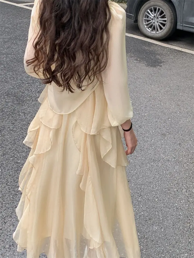 2 pçs sexy cinta de espaguete chiffon estilo fada irregular em camadas vestido para as mulheres verão coreano fino ajuste temperamento vestido elegante