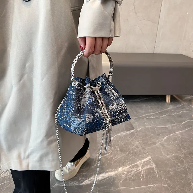 Denim Retro Unisex Small Blue Handbag Shoulder Crossbody Bag Bucket Chain Mini Jean Lady Purse