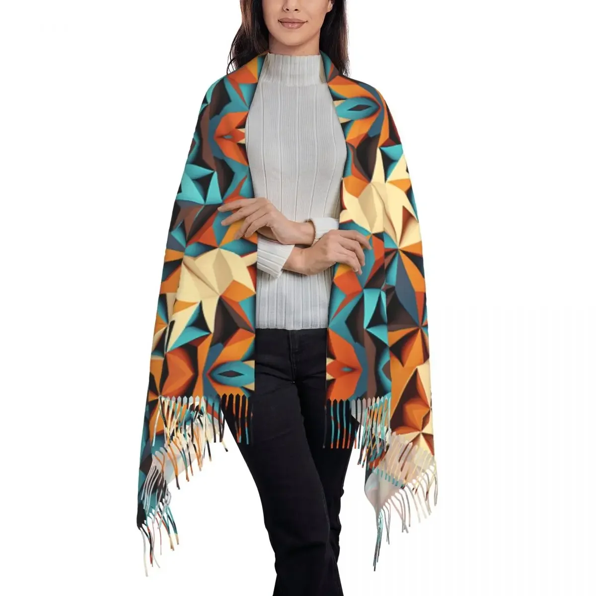 Geo Print Scarf with Tassel Fashion Abstract Outdoor Shawl and Wrap Lady New Design Scarves Wraps Winter Popular Bandana