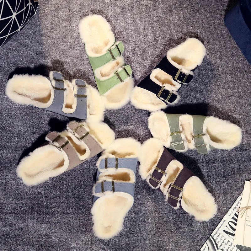 New Autumn Sheep Fur Cork Slipper Autumn Women Casual Genuine Leather Outside Solid Buckle Soft Plush Slides Shoes 35-46