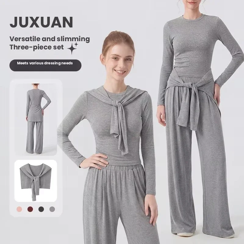 Women Yoga Outfit 3 Piece Set Long Sleeve Workout Cover Up & Tops & Long Pants Stackable Fitness Suit Pilates Sports Clothes