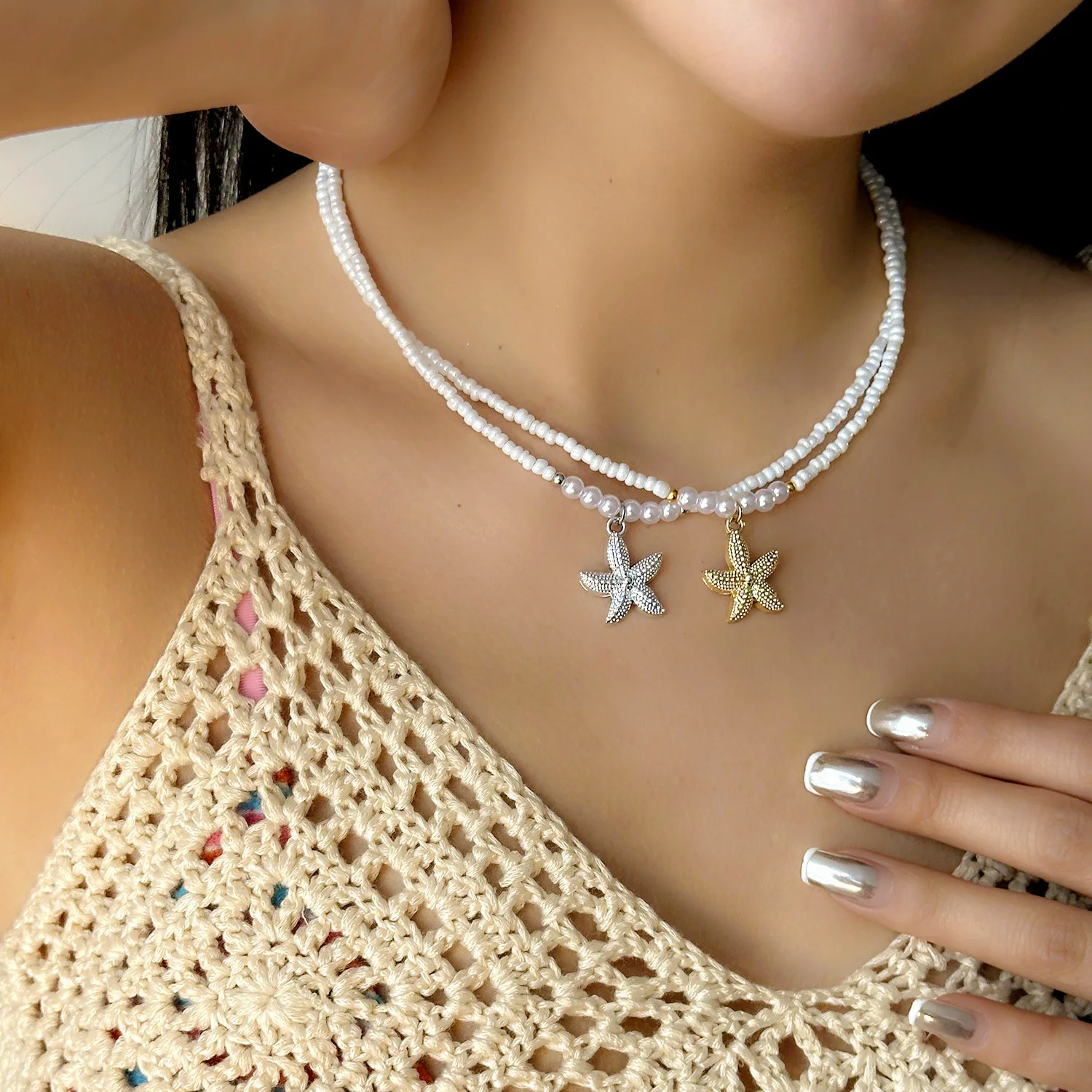 

Bohemian women's starfish pendant necklace, rice beads, handmade, imitation colored bead necklace, summer beach jewelry