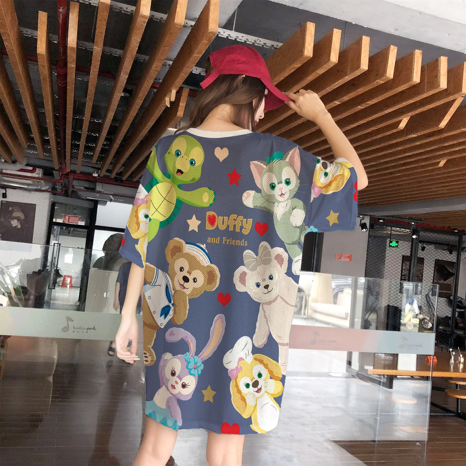 1PCS Cartoon Nightdress Loose Women's Short-sleeved Pajamas Cute Pattern Ice Silk Mesh Quick-drying Nightdress