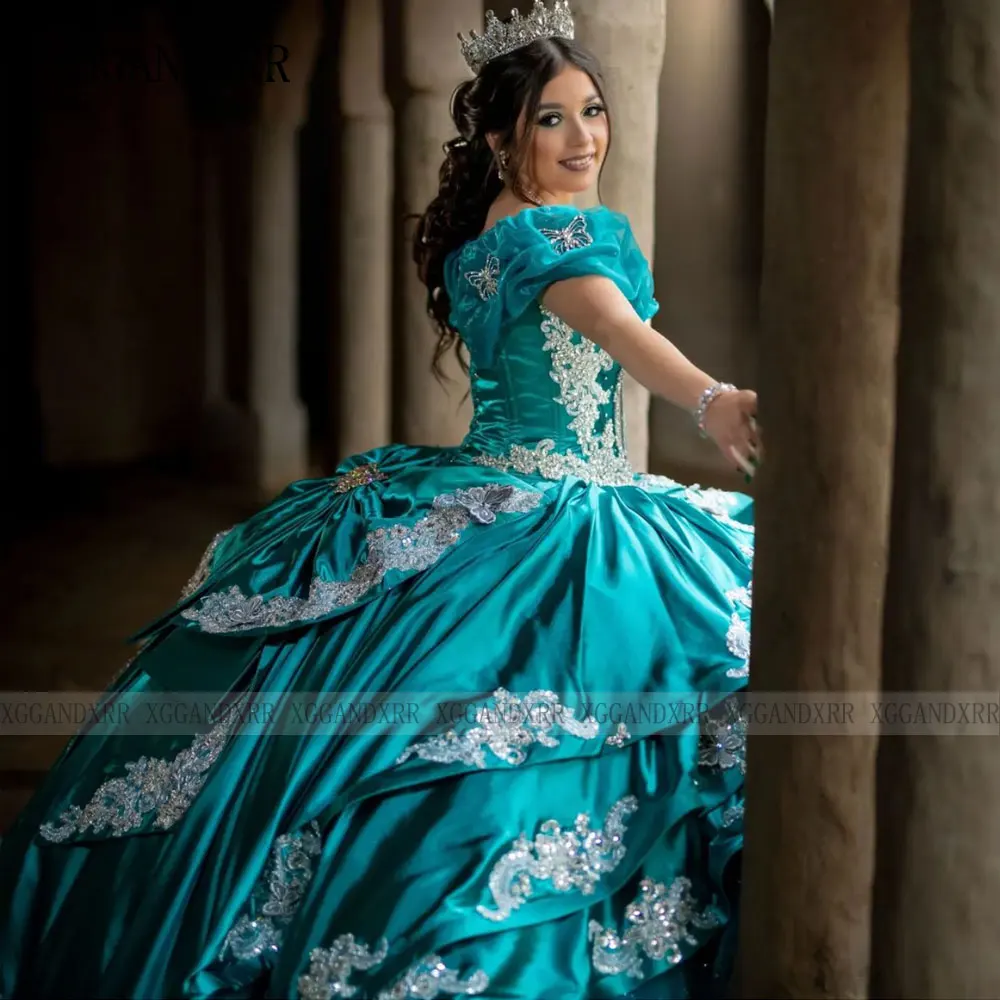 Personalizado bonito verde quinceanera vestidos 2024 ouro lantejoulas apliques camadas mexicanas vestido de baile doce 16 vestido vestidos de 15