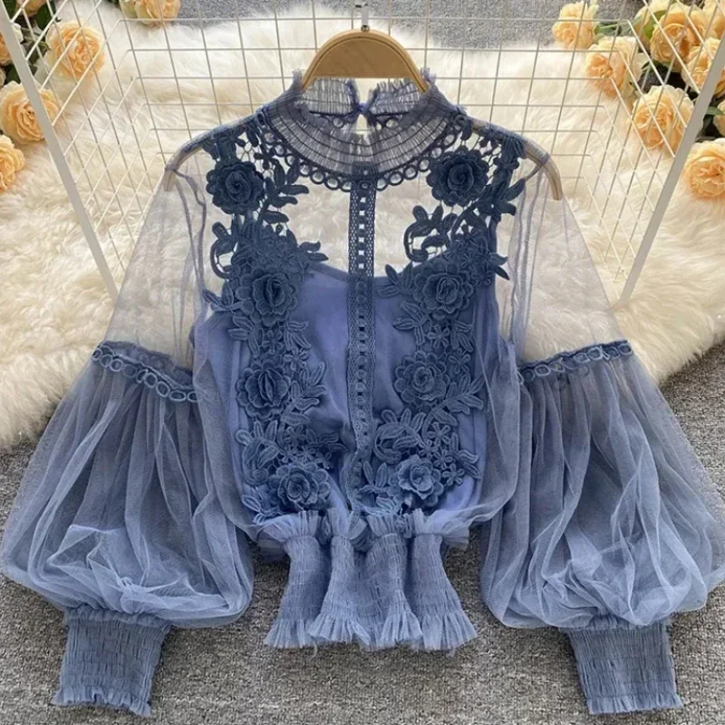 Lace Puff Long Sleeve Blouse Vintage Fashion Blouses Elegant Femme Blusas Korean Woman Tops Women Shirts Clothing Dropshipping