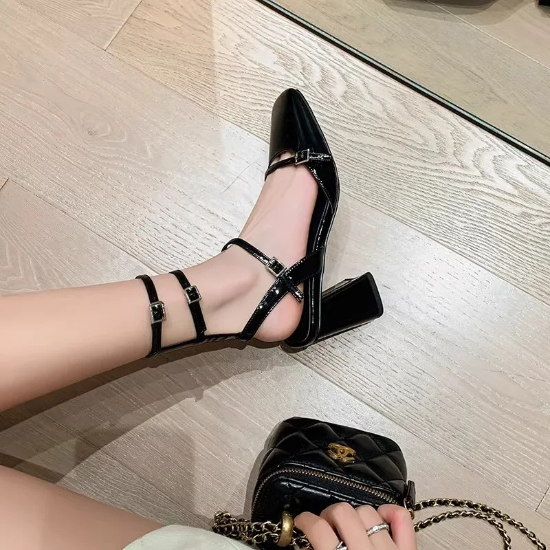 2024 new French square high heels women thick with a line with a bun head patent leather silver hollow shoes with skirt