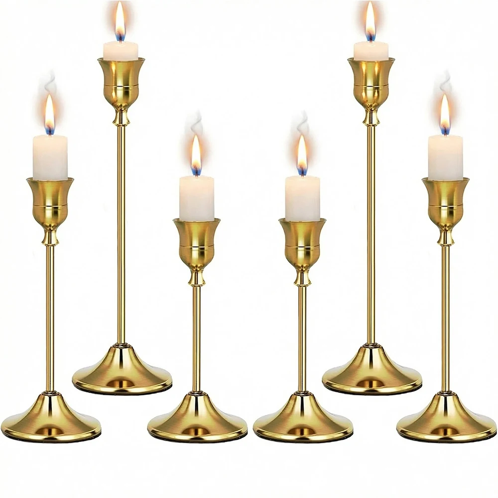 Set of 6 Gold Weighted Metal Taper Candlestick Holders Vintage Christmas Brass Home Decor for Table Mantel Room Decorations Hous