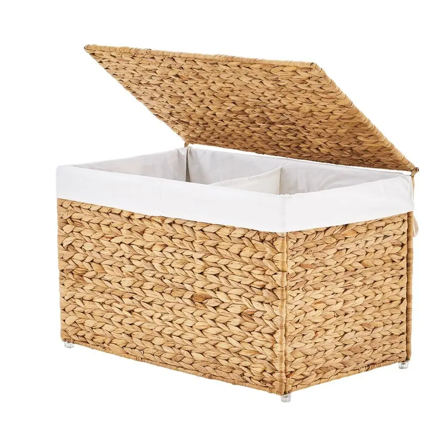 

Корзина для хранения с крышкой, плетеная корзина из ротанга с съемным вкладышем, металлический каркас, ротанговый ящик для хранения с ручкой для прачечной