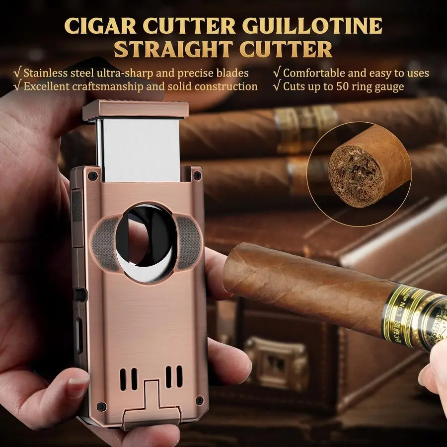 

Torch Lighter Builtin OneTouch Cigar Cutter VCut and Straight Cut, Punch, Stand, Allin1 Windproof Dual Jet Flame Lighter Gifts f
