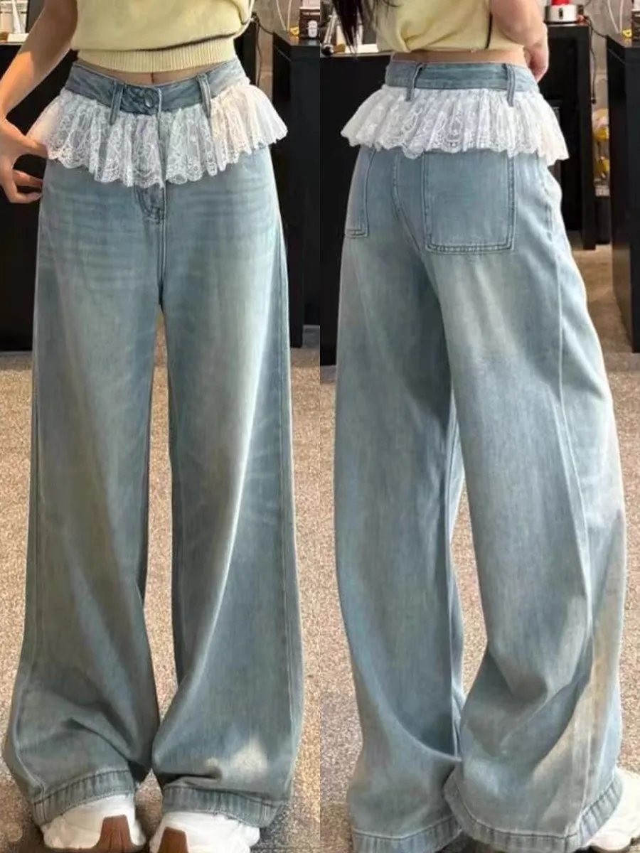 

Casual High Waist Wide Leg Jeans Women's Loose Floor-Length Lace Patchwork Fake Two-Piece Light Wa Denim Spring New Arrival