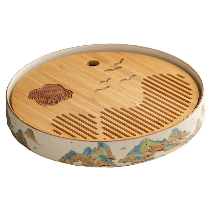 Household tea sea drain tray ceramic round water storage tray office meeting guests dry brewing tea table tea set tray