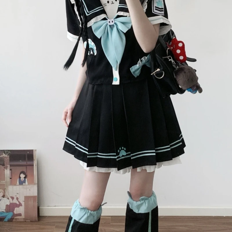 2025 جديد اليابانية الكورية Kawaii Preppy Jk أعلى + تنورة مجموعة البحرية طوق طويلة الأكمام قميص قصير كشكش حافة المرقعة مطوي التنانير