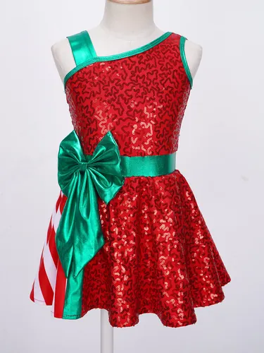 Imagen 2 del producto Vestido de baile tutú de Ballet con lentejuelas para chico y niña, leotardo de gimnasia a rayas con lazo grande, Ropa de baile para patinaje artístico, disfraces de fiesta de elfo de Navidad