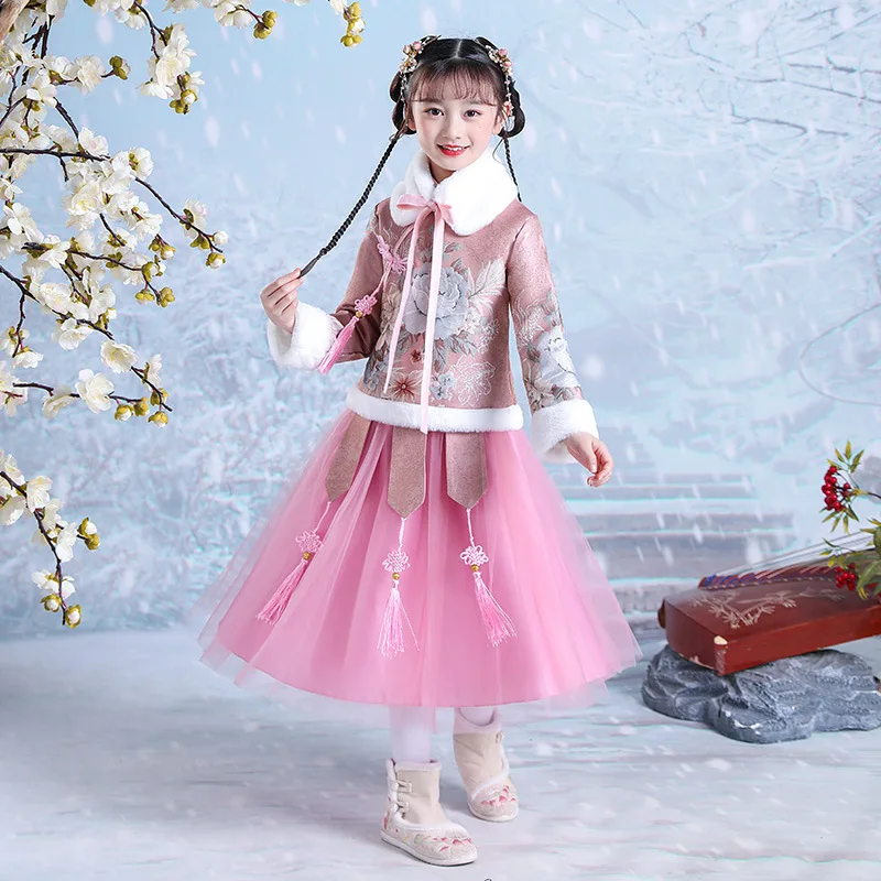 Winter New Year Dress Embroidery Girls Tang Suit Kids Chinese Lovely Ancient Hanfu Children Cotton-padded Clothes