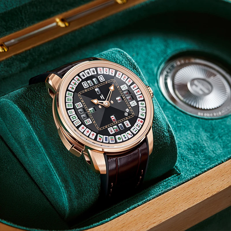 Lucky Harvey Automatic Mechanical Watch Mahjong Dial 316L Stainless Steel Case Genuine Leather Strap Fashion Wristwatch For Men