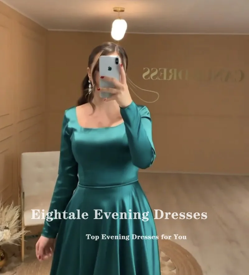 Eightale Green Evening Dress for Wedding Party Satin A-Line Long Sleeves Simple Arabic Dubai Prom Gowns Celebrity Dress