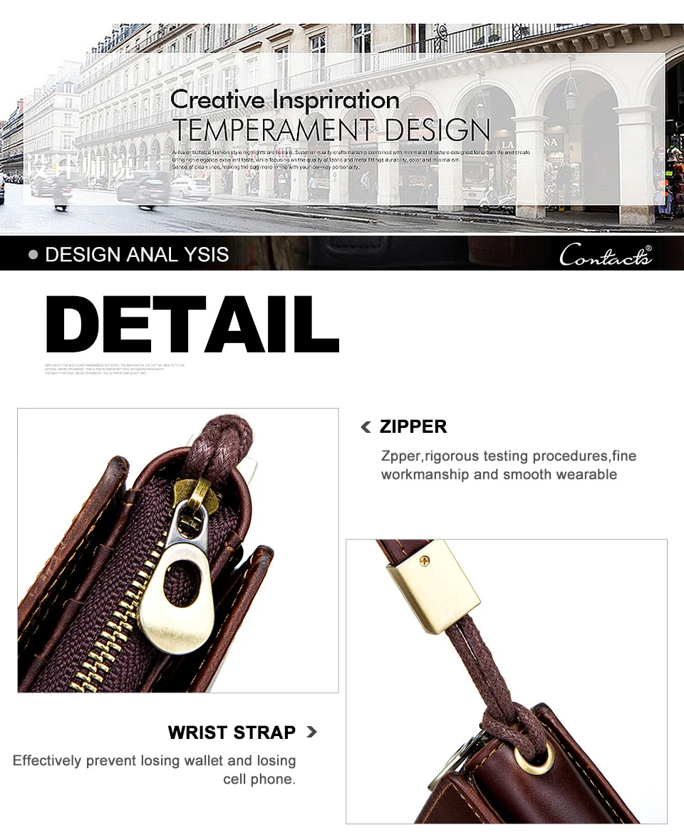 CONTACT'S Clutch-Taschen aus echtem Leder für Herren, lange Vintage-Handtaschen mit Reißverschluss, Kartenhalter, Münzgeldbörsen, Geldklammer, Herren-Geldbörsen – Detail 15