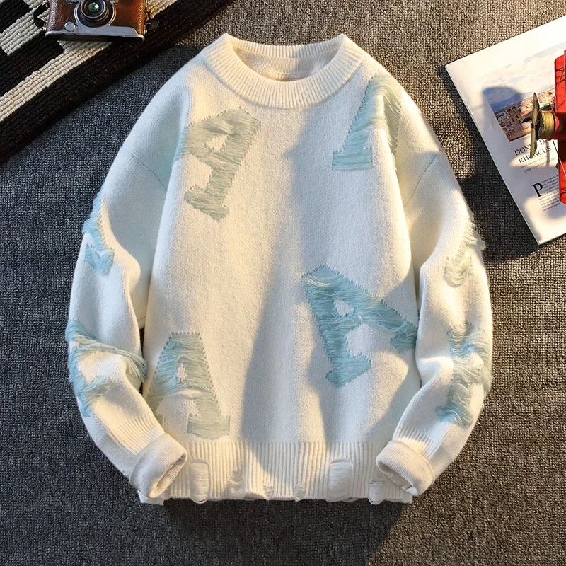 Retro Colorblocking Pullover Sweater Mens Women Korean Style Autumn Winter New Fashion Casual Round Neck Letter Printing Sweater