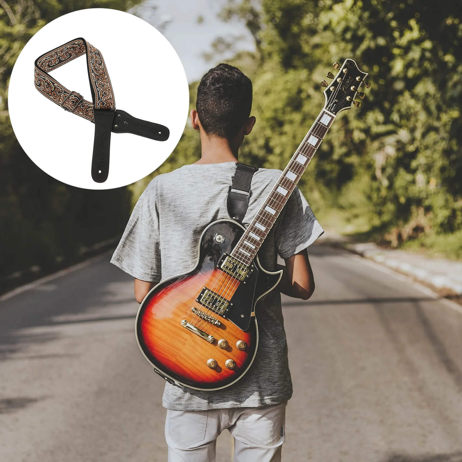 

Guitar Strap Removable Picks Embroidered Brown Widened for Acoustic Electric Bass Guitars Locks Accessories Travel