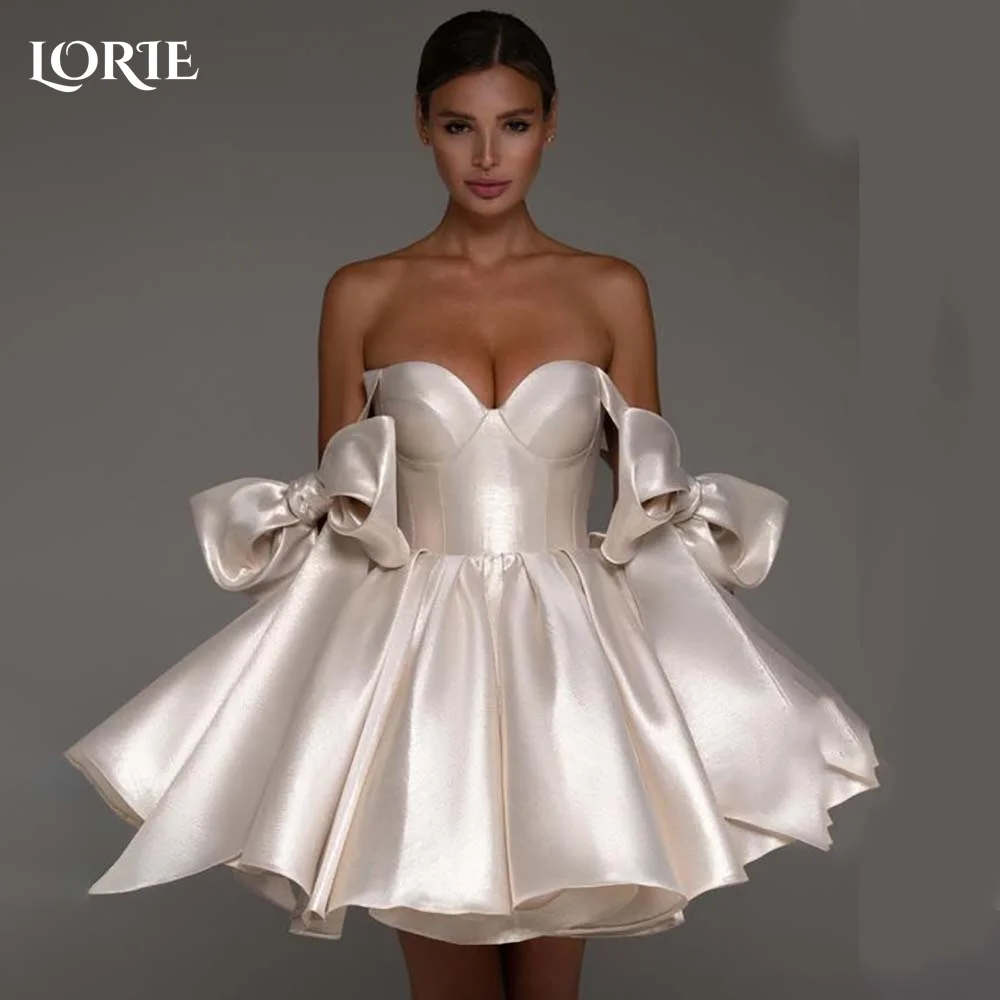 

LORIE Bow Short Wedding Dresses Satin Off Shoulder A Line Mini White Bridal Gowns Sweetheart Backless Ruched vestido de noiva