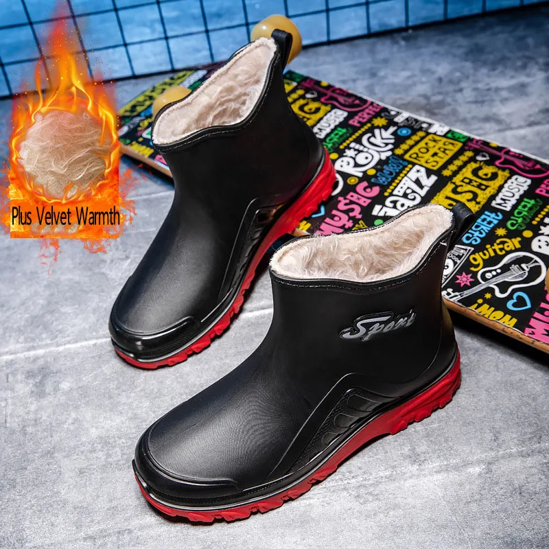 2024 New Winter Rain Boots Men Short Plush Insulation Outdoor Non-slip Waterproof Casual Shoes Men\'s Slip-on Light Fishing Shoes