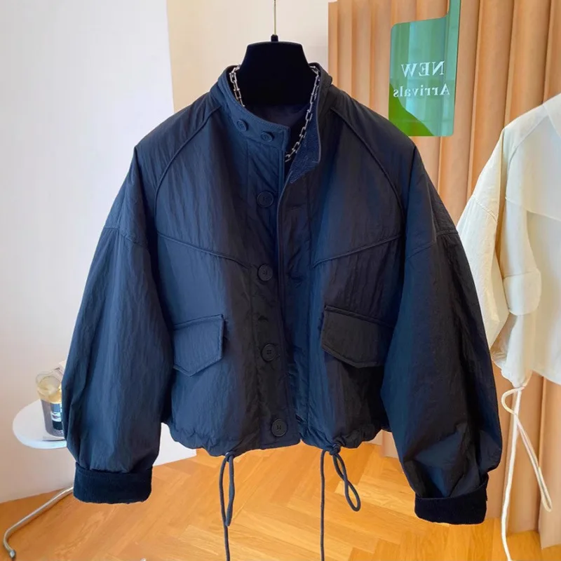 韓国スタイルカジュアルスタンドカラーコットンジャケット女性のファッションソリッドカラーシングルブレストルーズコート新しい冬暖かいアウター