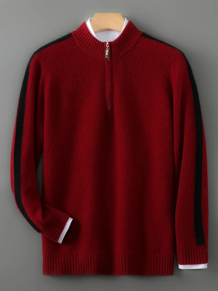 100% Merino Wool New Men Knitted Mock Sweater Zipper Color Blocking Pullover Autumn Winter Cashmere Clothing Business Top