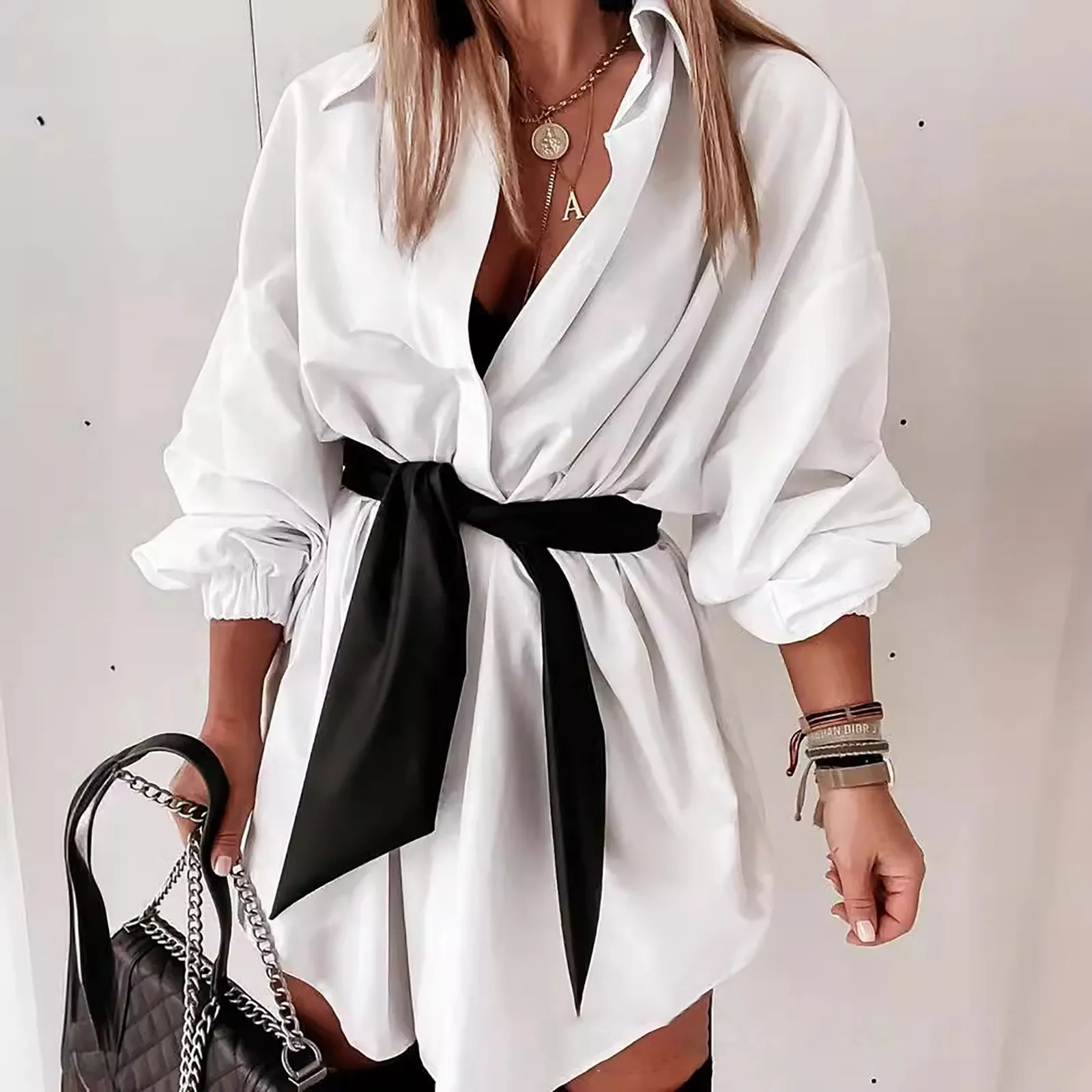 

Dresses Women‘s Solid Color Lantern Sleeve Belted Shirt Dress Turn-down Collar Long Sleeve Girls Mini Dresses Causal Clothes