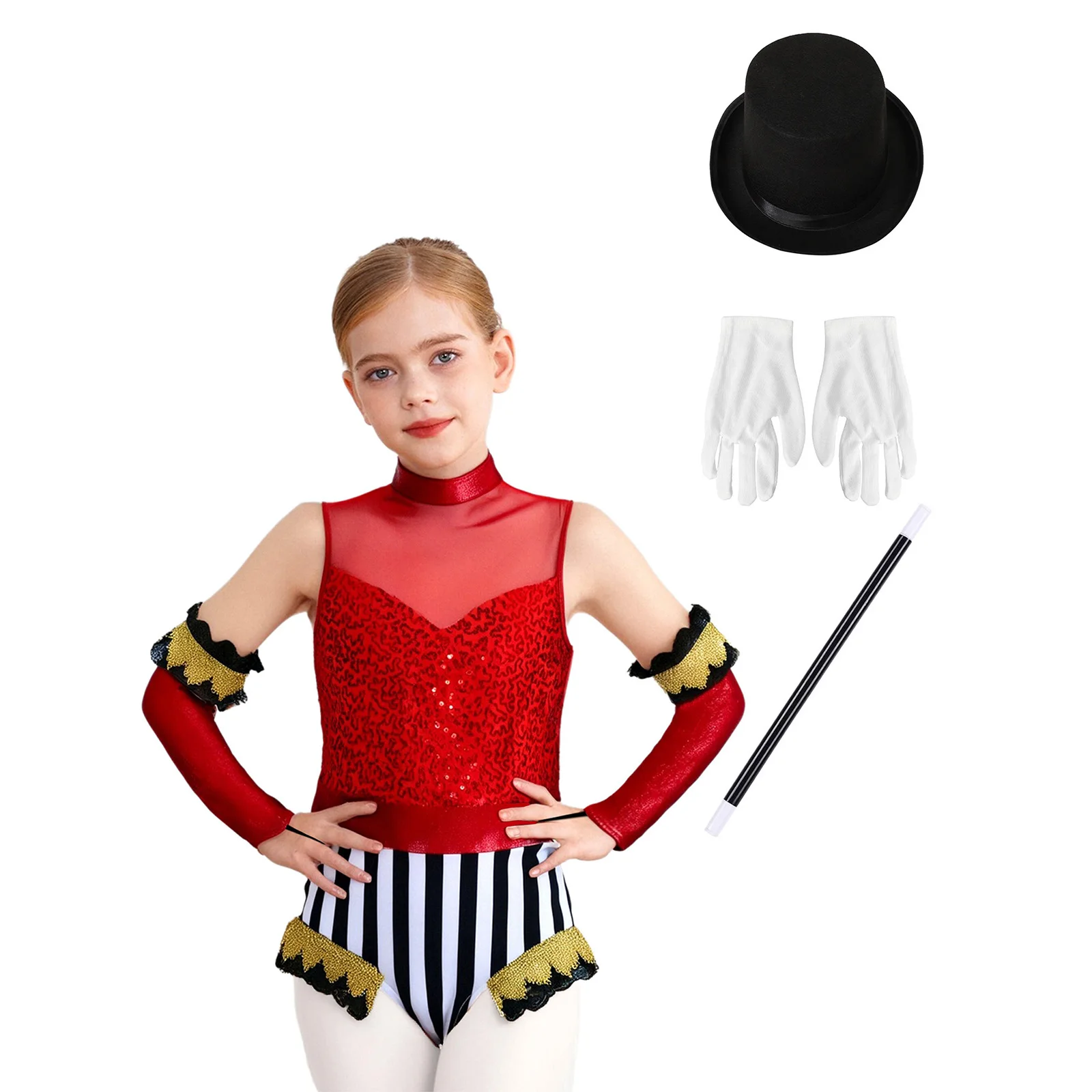 

Girls Circus Magician Performance Costumes Halloween Dancewear Sleeveless Jumpsuit And Matched Over-Sleeve Hat Magic Wand Gloves