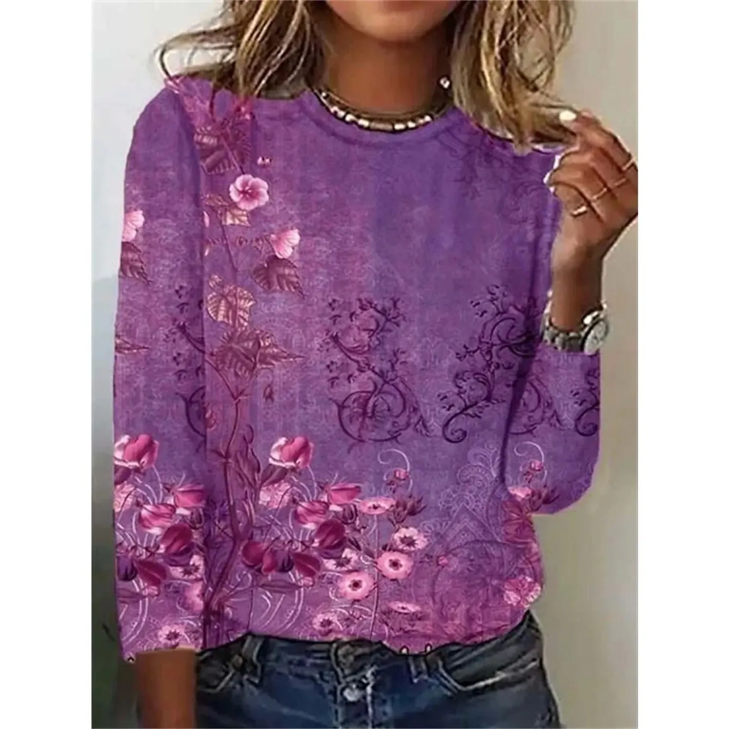 新作 レディース 花柄 3Dプリント Tシャツ ワンネック カジュアルトップス 秋コレクション 00% その他素材 レディース ファッション シルク トップス
