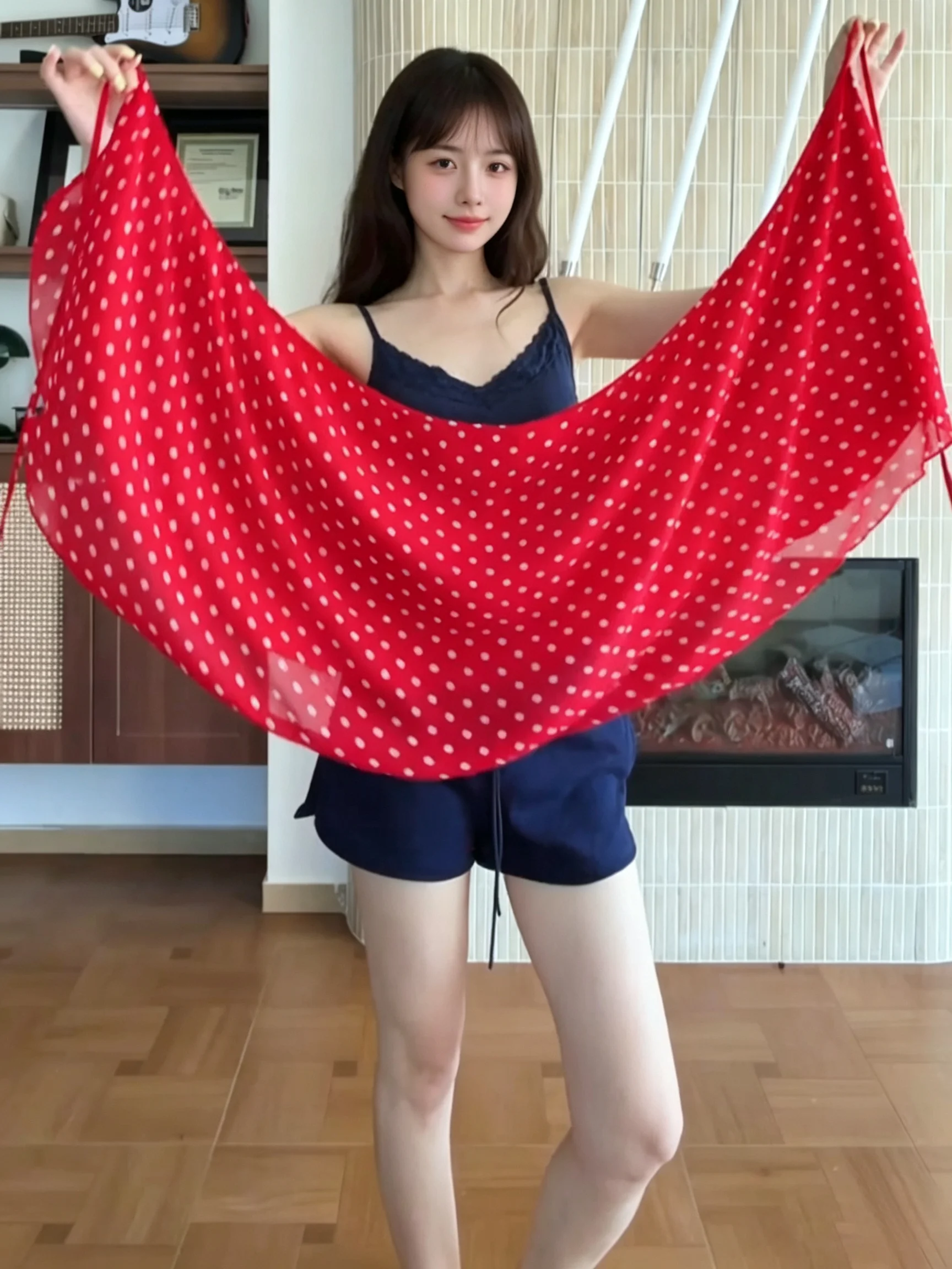 Korean Fashion Red Polka Dot Asymmetrical Shoulder Strap Women's Top High Waist  Skirt Two-Piece Set City Walk Outfit