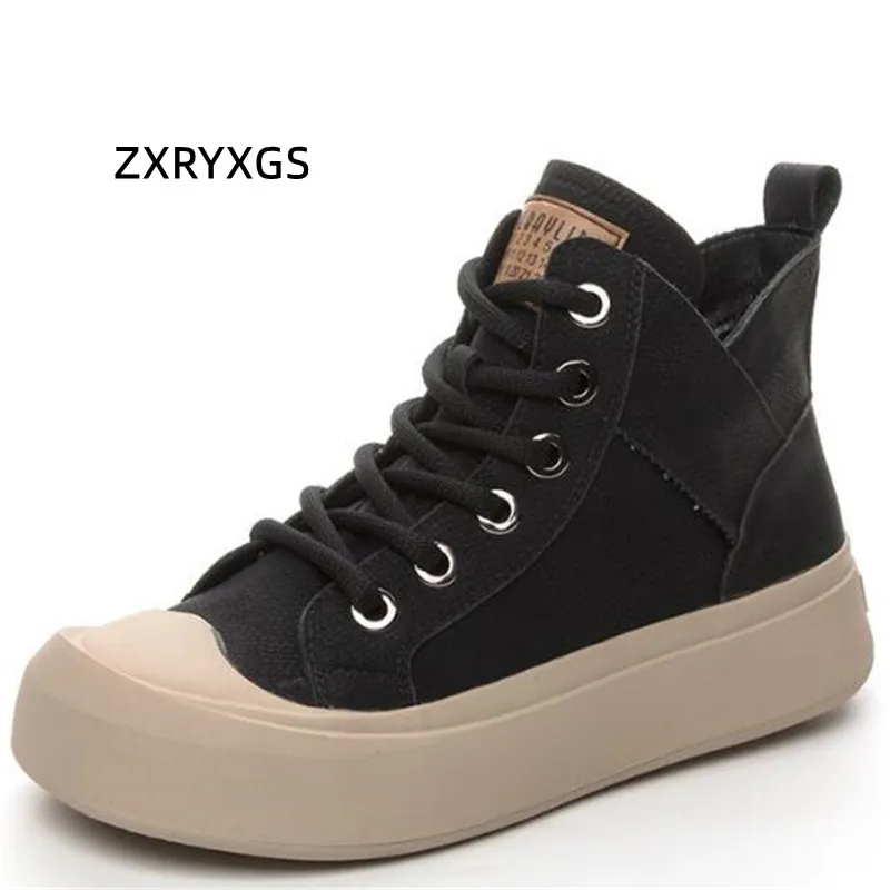 

ZXRYXGS Lace-up Women Genuine Leather Sneakers Ankle Boots 2023 New Autumn Elegant Trendy Shoes Casual Sneakers Flat Thick Sole