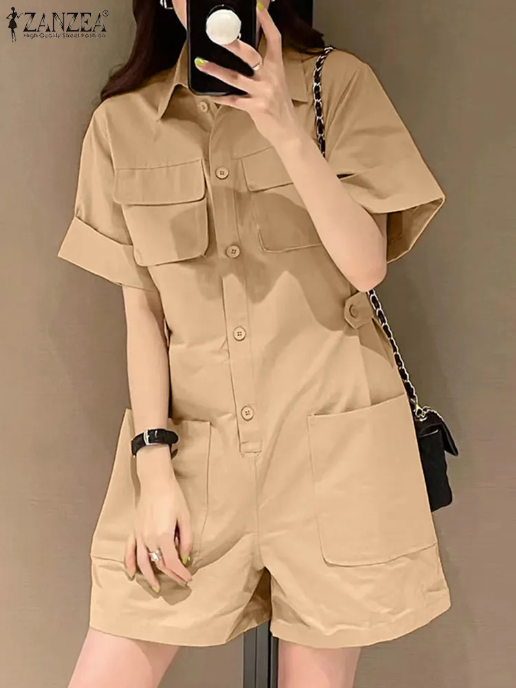 2024 ZANZEA Summer Rompers Women Fashion Lapel Neck Short Sleeve Cargo Jumpsuits Solid Loose Holiday Overalls Casual Playsuits