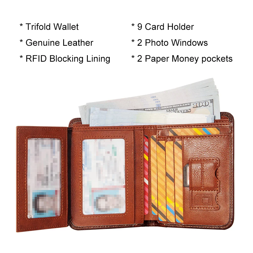 Genuine Leather RFID Protect Wallet for Men Slim Trifold Front Pocket Money Bag Anti-theft Brush Head Layer Cowhide Card Holder