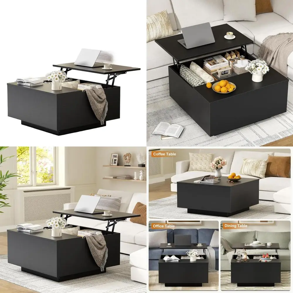 

Elevating Top Storage Coffee Table, Wooden Square with Hidden Compartment, Farmhouse Style for Living Room and Home Office, Blac
