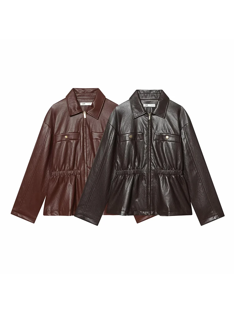 Women's Spring Summer Fashion Short Leather Jacket Artificial Leather Lapel Pockets Urban Streetwear Coat