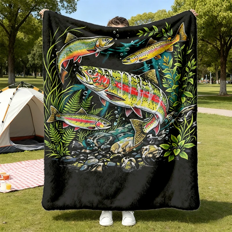 90s River Wildlife Flannel Blanket - Men & Women's Unisex Graphic Flannel Blanket - Vintage Rainbow Trout Flannel