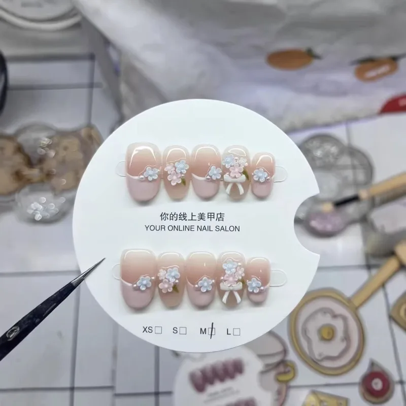 10pcs Handmade Nails with Pink 3D Floral French Tips These High-quality Press-on Nails Make A Great Gift for Girls and Friends