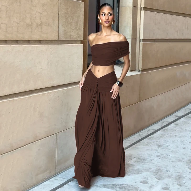 Hugcitar Modische geraffte 2-teilige Sets mit schrägem Kragen, sexy Crop-Tank-Top, Patchwork, plissierter Maxirock, weibliche Strand- und Urlaubsoutfits – Detail 20