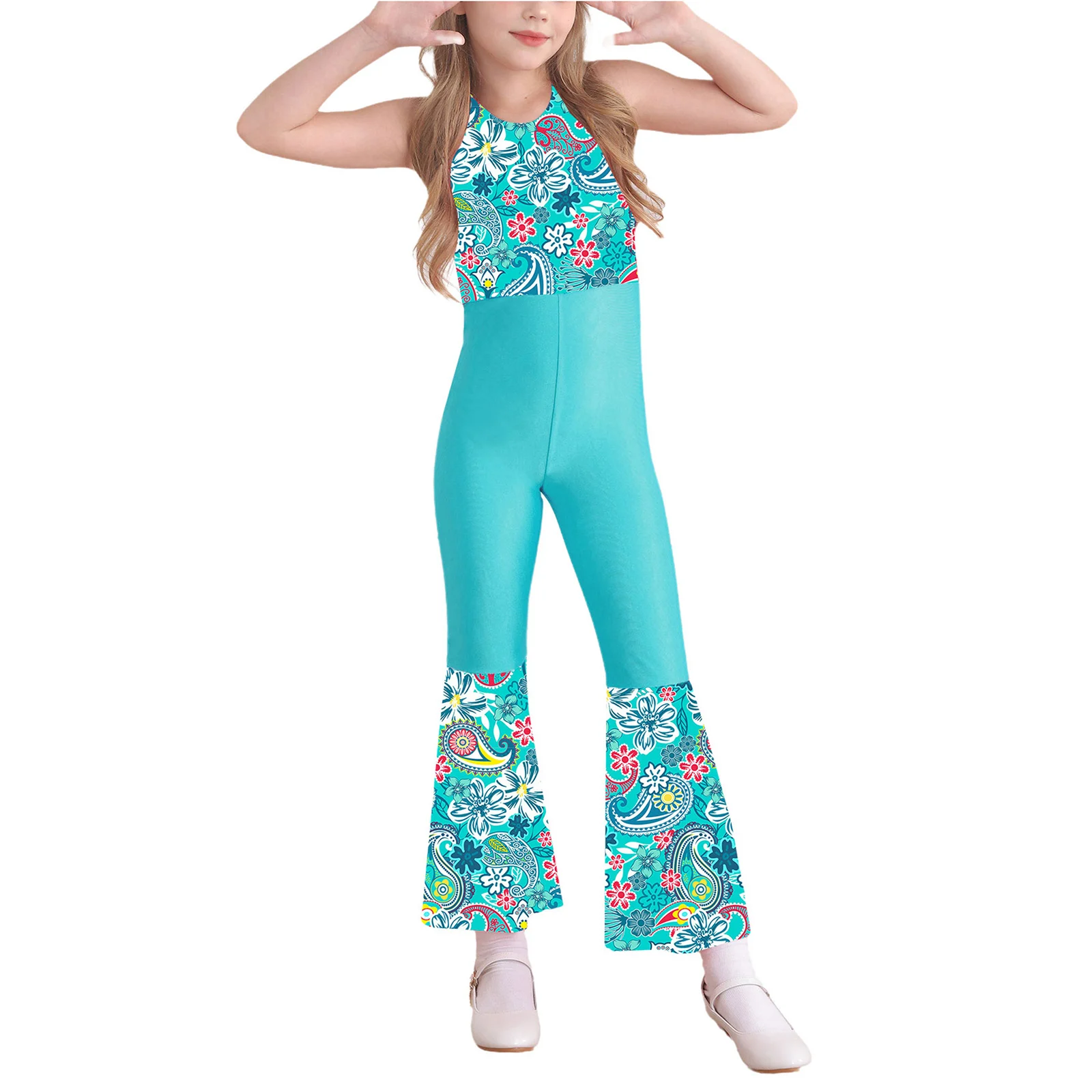 Kids Girls Halloween Cosplay Outfits 70s Disco Dance Costume Print Open Back High Waist Bell Bottom Flare Bodysuit Jumpsuit