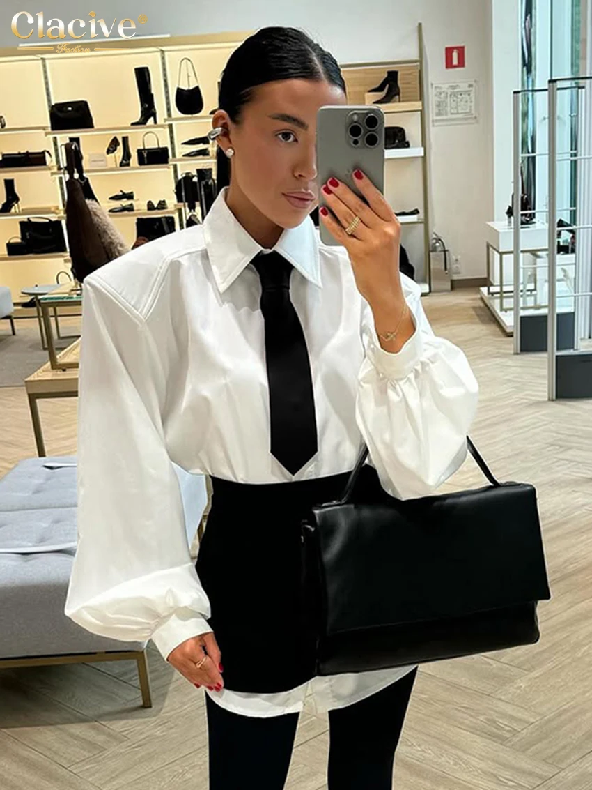 

Clacive Fashion Loose White Skirt Set 2 Piece Woman 2026 Elegant Tie Long Sleeve Dress With High Waist Mini Skirt Set Female