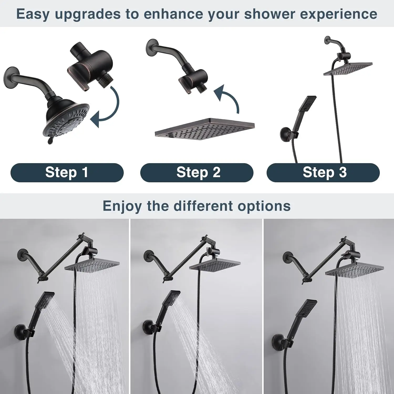 Rain Shower Head with Handheld Spray 8 Inch Rainfall Combo with 60 Hose, Adjustable Dual Square Set with 3-Way Diverter