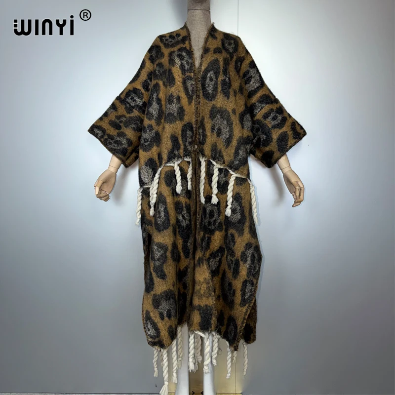 

WINYI Winter Women Fringed cardigan abaya dubai luxury Coat Loose OverCoat Female winter outerwears leopard long down dress